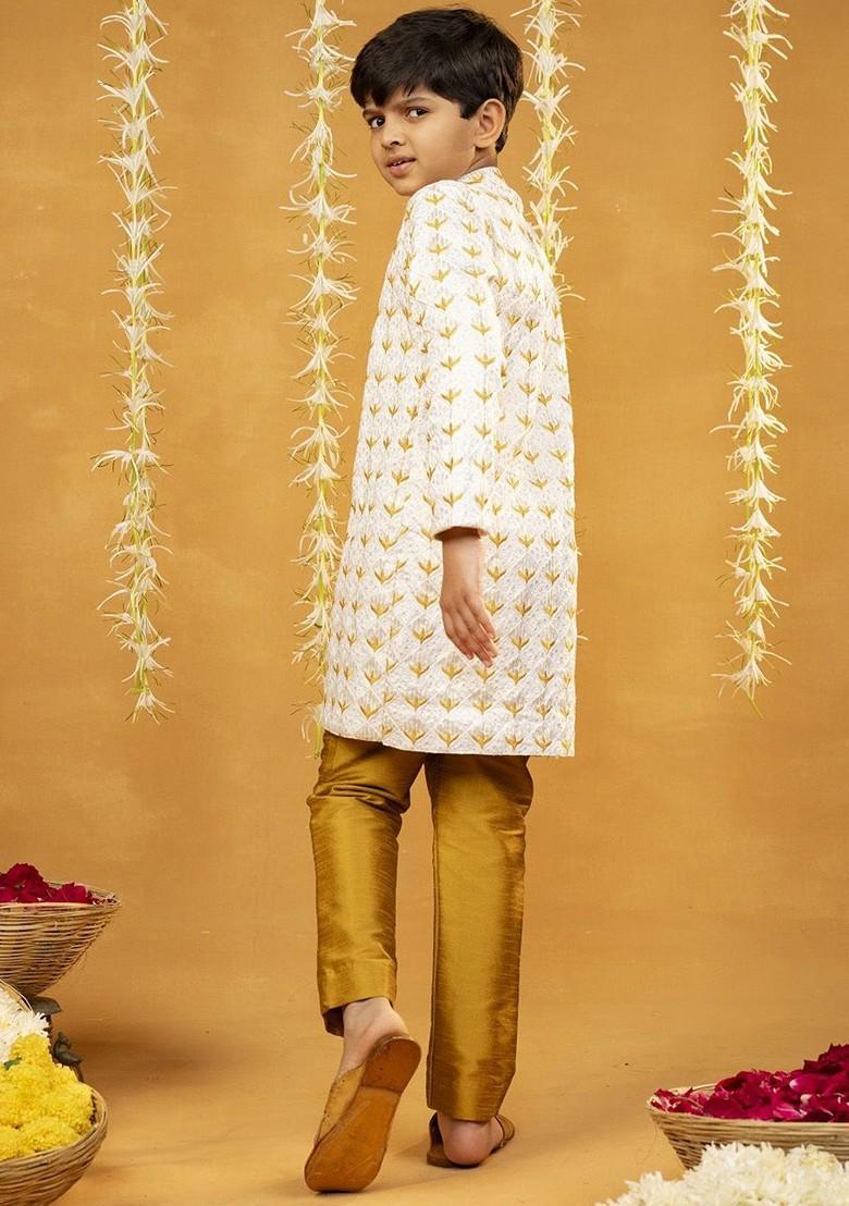 Off White Embroidered Blended Kurta Set For Boys - Indya