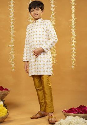 Off White Embroidered Blended Kurta Set For Boys