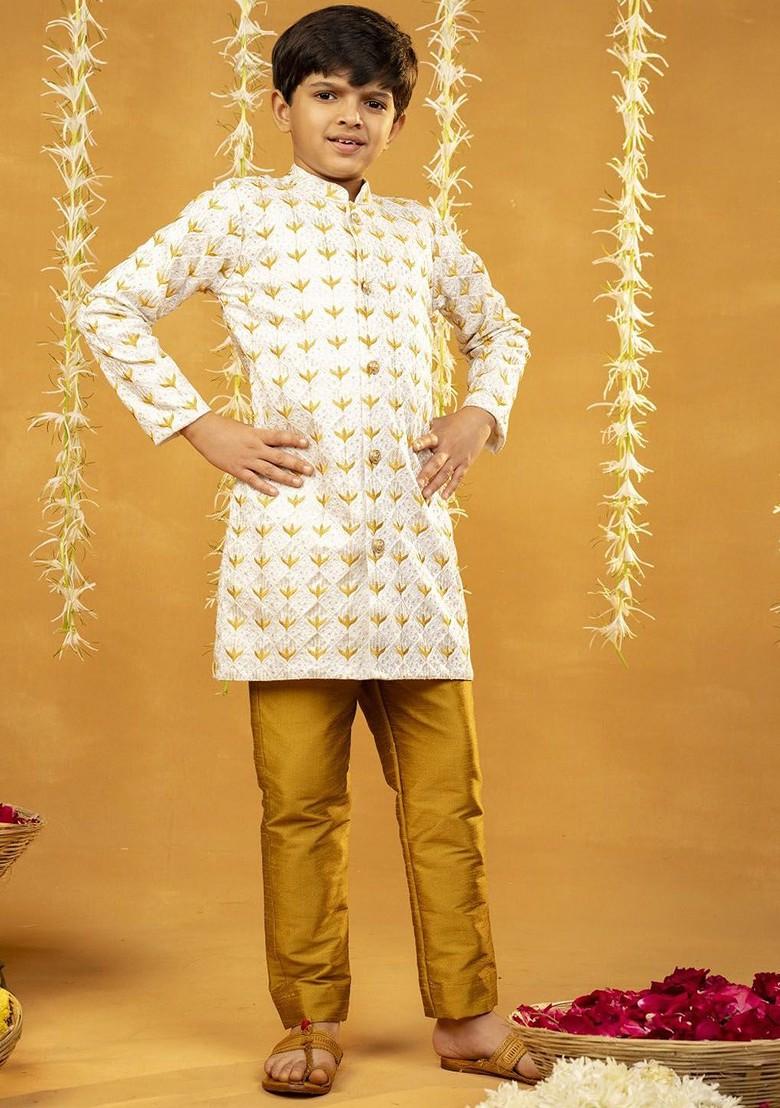 Off White Embroidered Blended Kurta Set For Boys - Indya