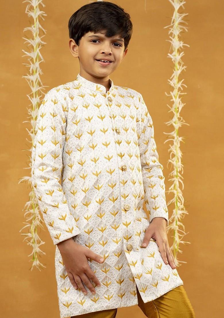 Off White Embroidered Blended Kurta Set For Boys - Indya