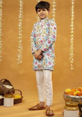 Blue Embroidered Silk Kurta Set For Boys