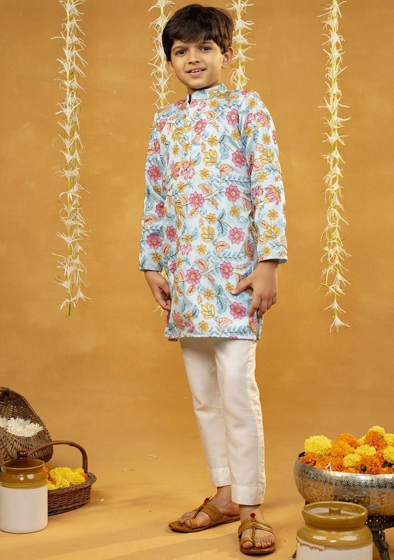 Blue Embroidered Silk Kurta Set For Boys - Indya