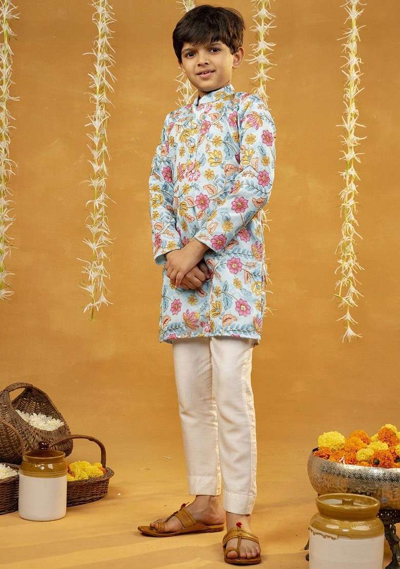 Blue Embroidered Silk Kurta Set For Boys - Indya