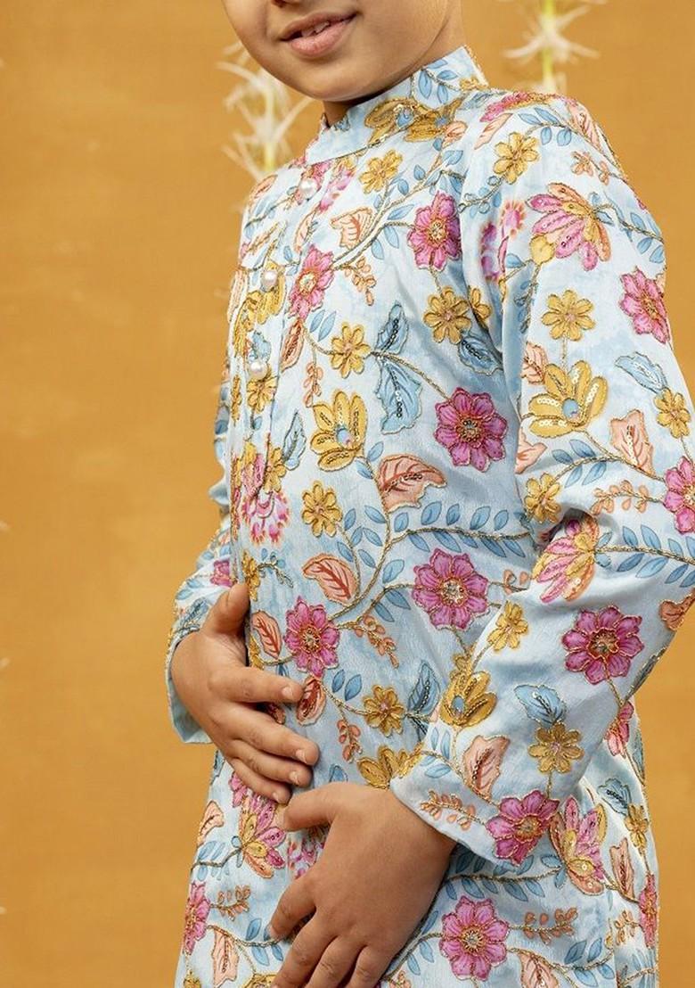 Blue Embroidered Silk Kurta Set For Boys - Indya