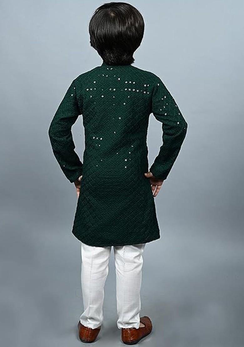 Green Embroidered Cotton Kurta Set For Boys - Indya