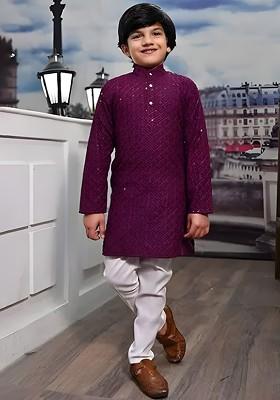 Purple Embroidered Cotton Kurta Set For Boys