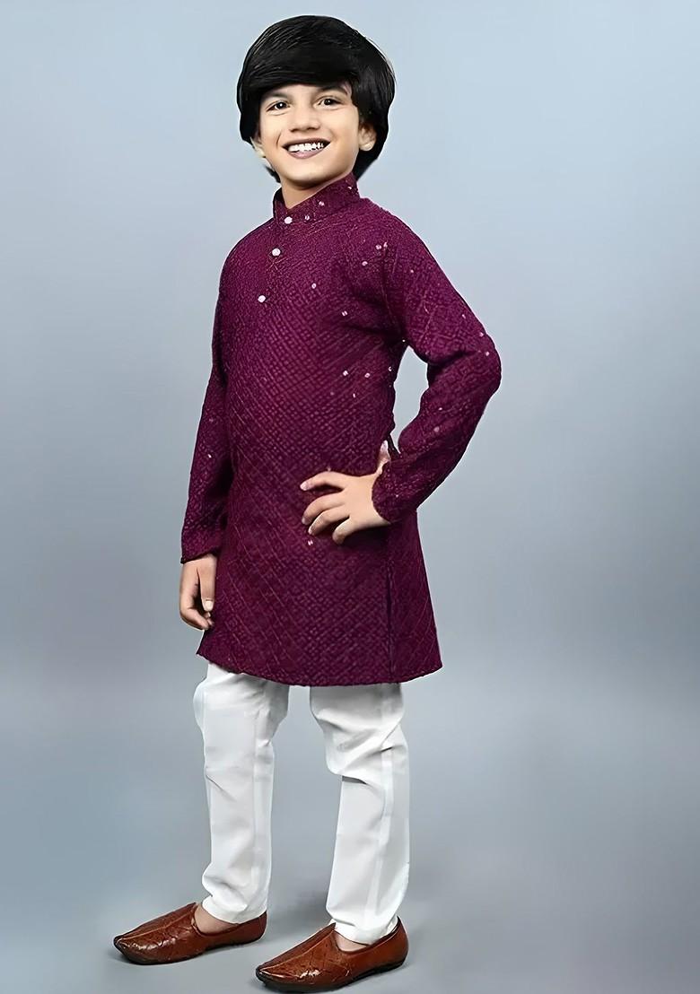 Purple Embroidered Cotton Kurta Set For Boys - Indya