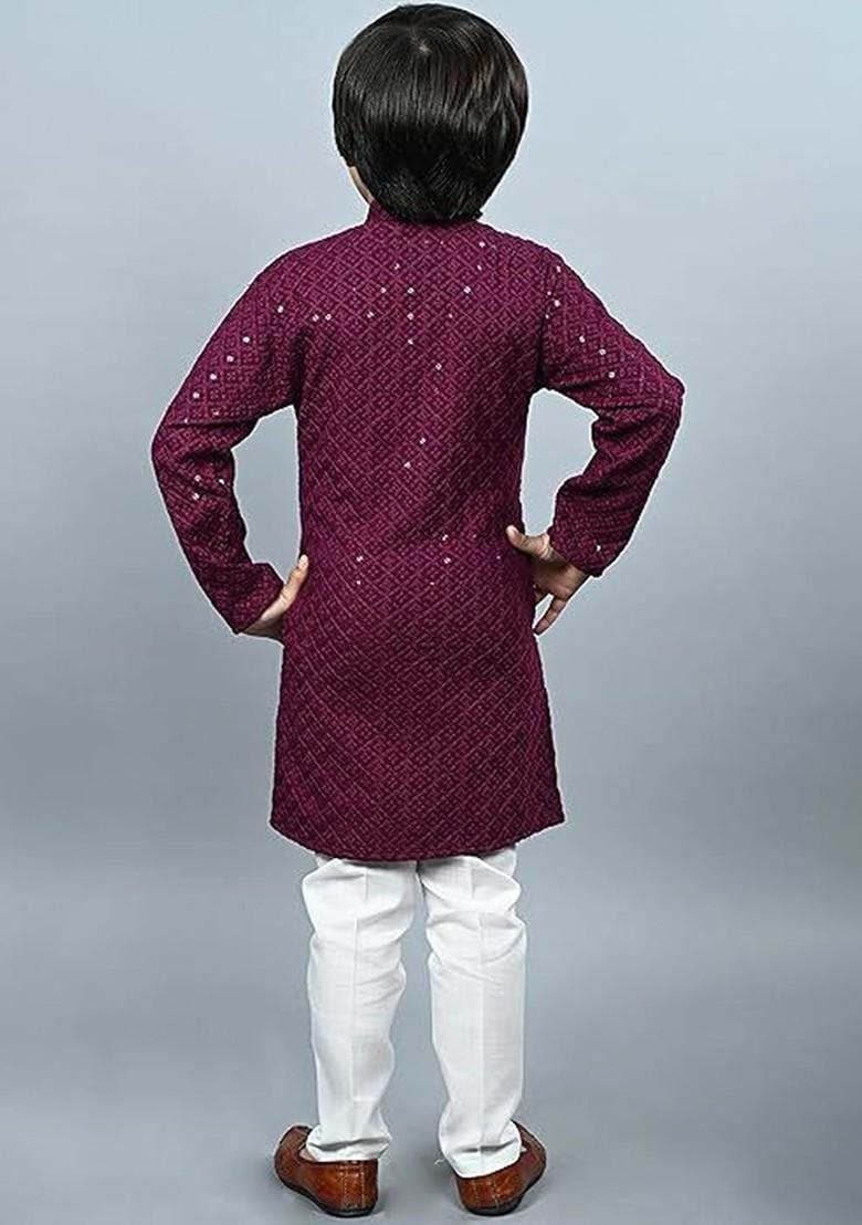 Purple Embroidered Cotton Kurta Set For Boys - Indya