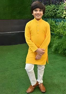 Yellow Embroidered Cotton Kurta Set For Boys