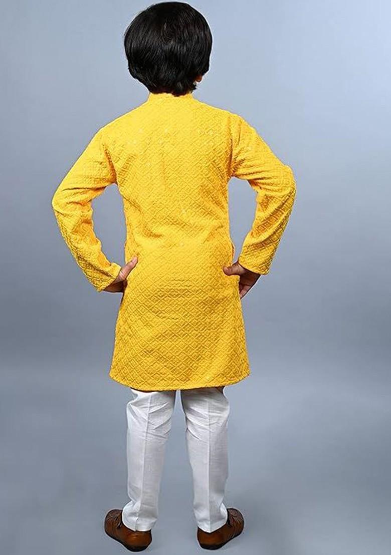 Yellow Embroidered Cotton Kurta Set For Boys - Indya