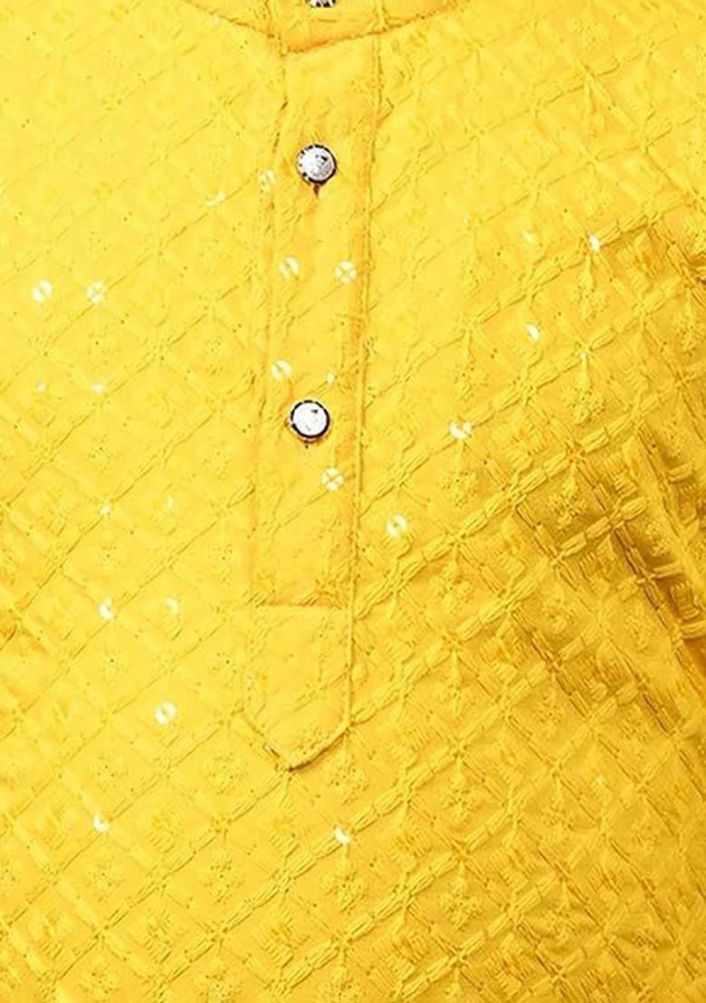 Yellow Embroidered Cotton Kurta Set For Boys - Indya