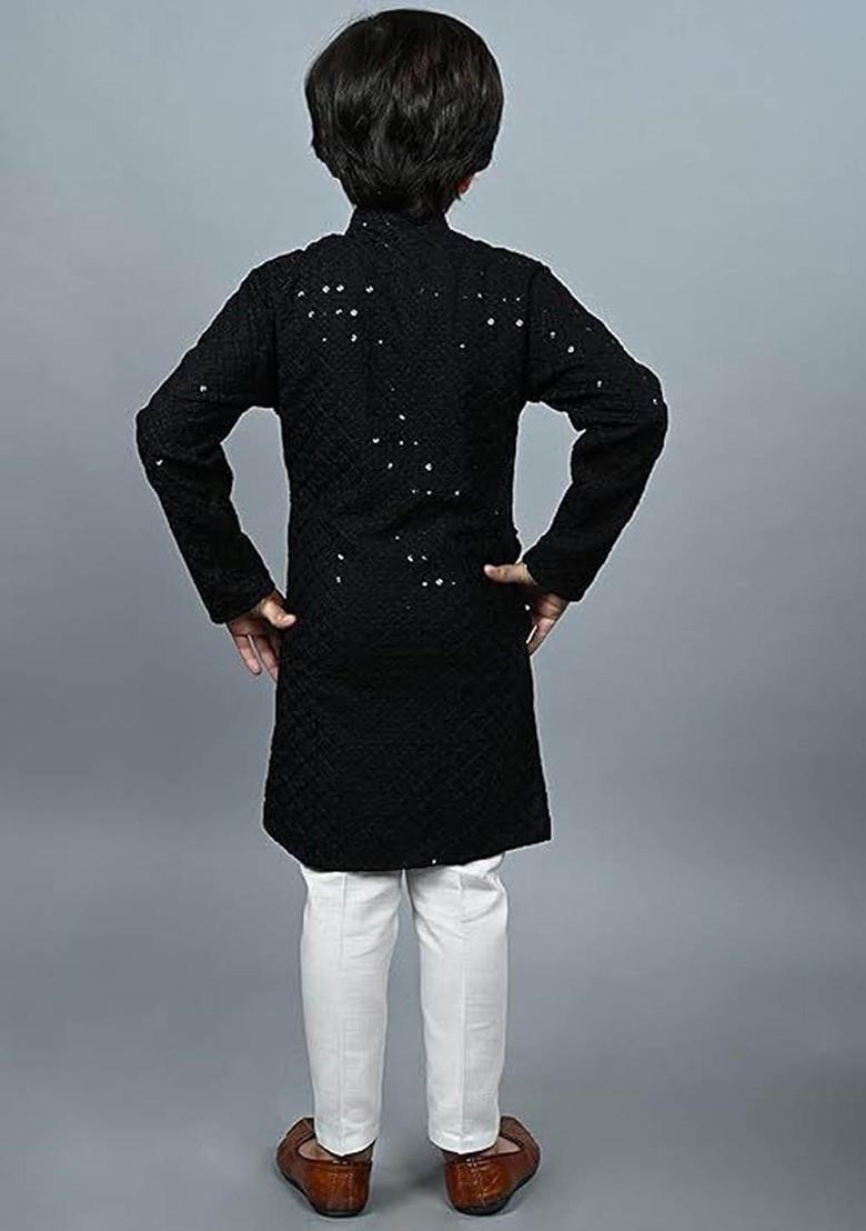 Black Embroidered Cotton Kurta Set For Boys - Indya
