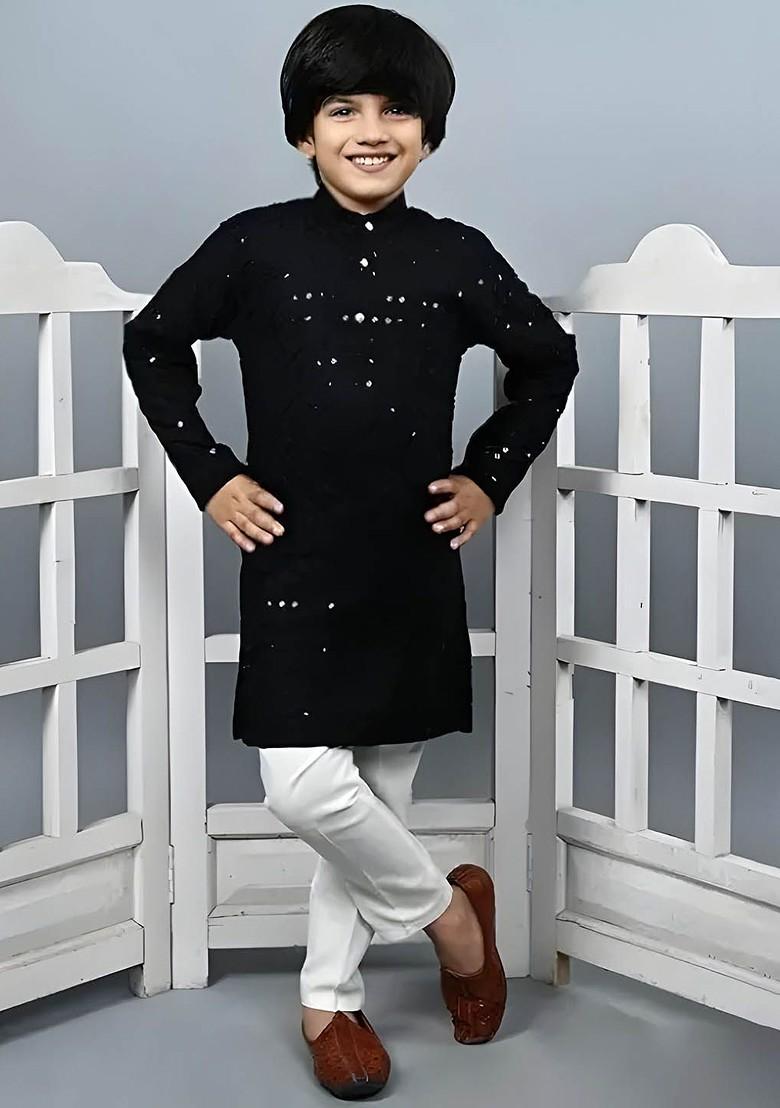 Black Embroidered Cotton Kurta Set For Boys - Indya