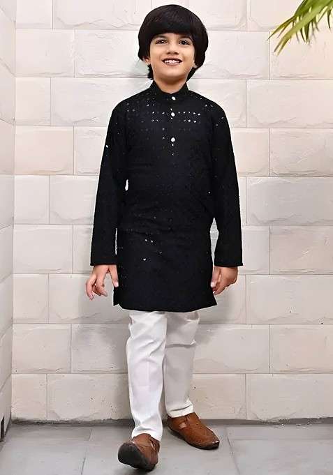 Black Embroidered Cotton Kurta Set For Boys