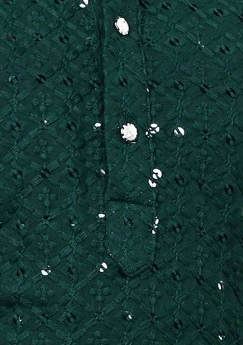 Green Embroidered Cotton Kurta Set For Boys - Indya