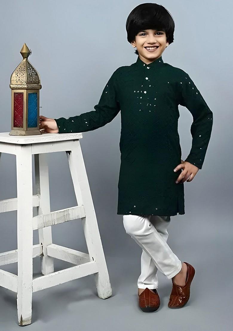 Green Embroidered Cotton Kurta Set For Boys - Indya