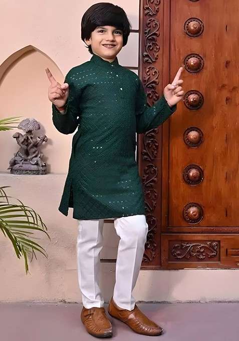 Green Embroidered Cotton Kurta Set For Boys