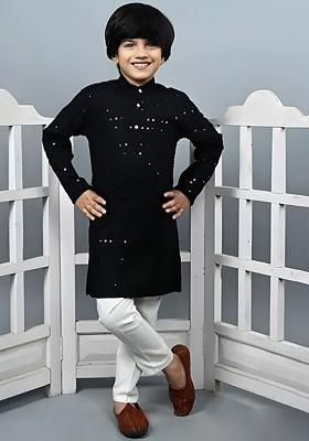 Black Embroidered Cotton Kurta Set For Boys