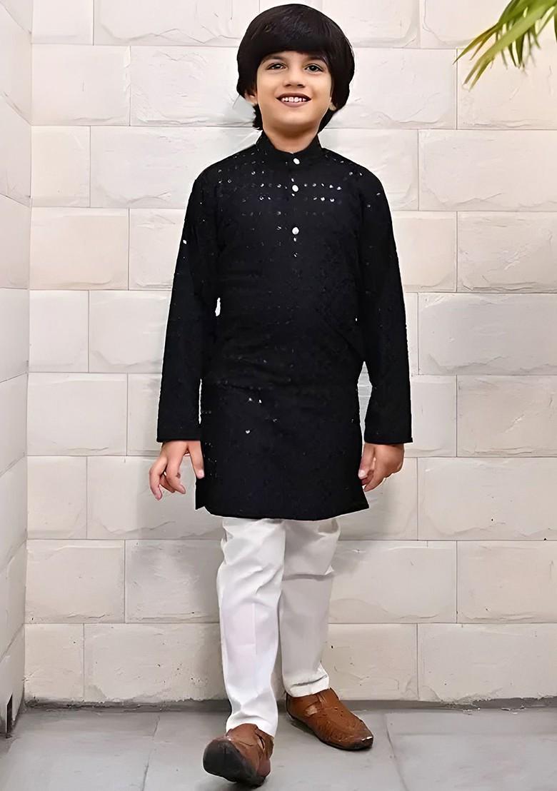 Black Embroidered Cotton Kurta Set For Boys - Indya
