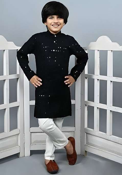 Black Embroidered Cotton Kurta Set For Boys