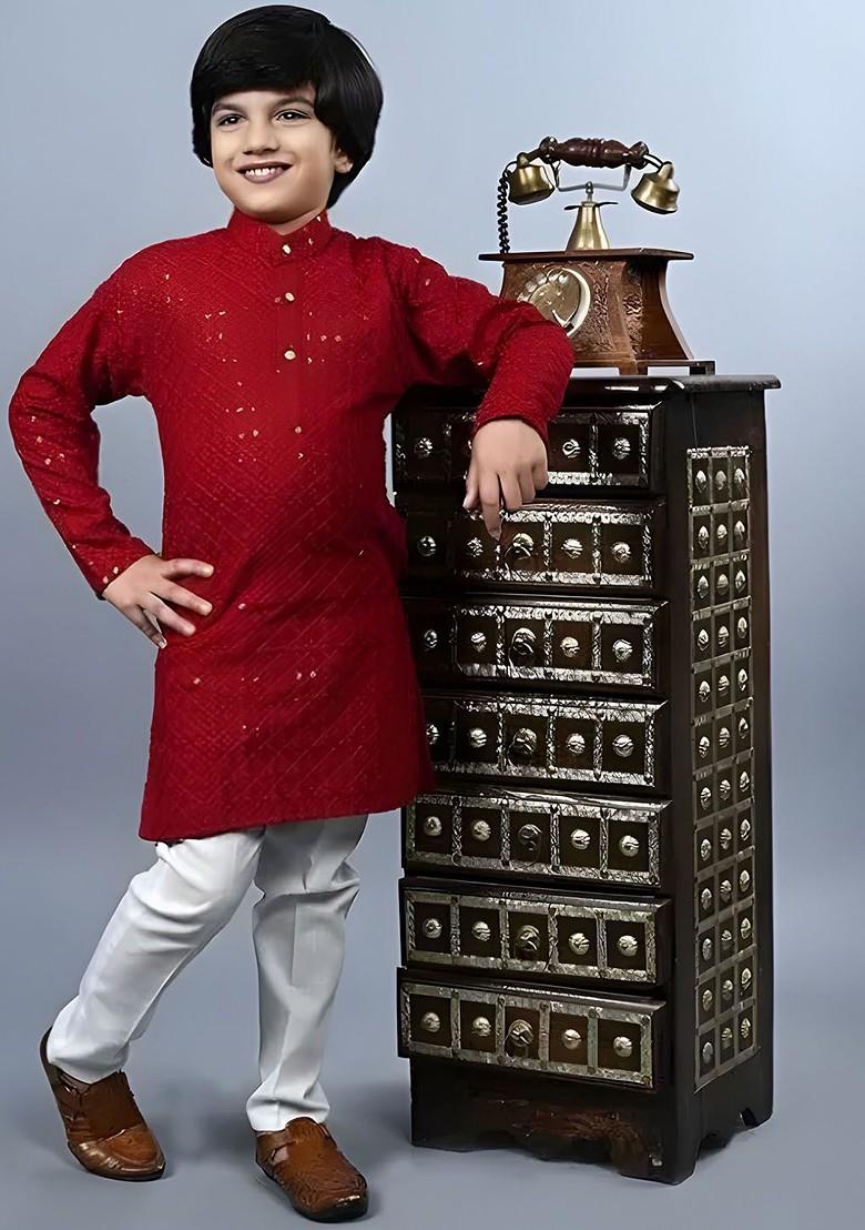 Maroon Embroidered Cotton Kurta Set For Boys - Indya