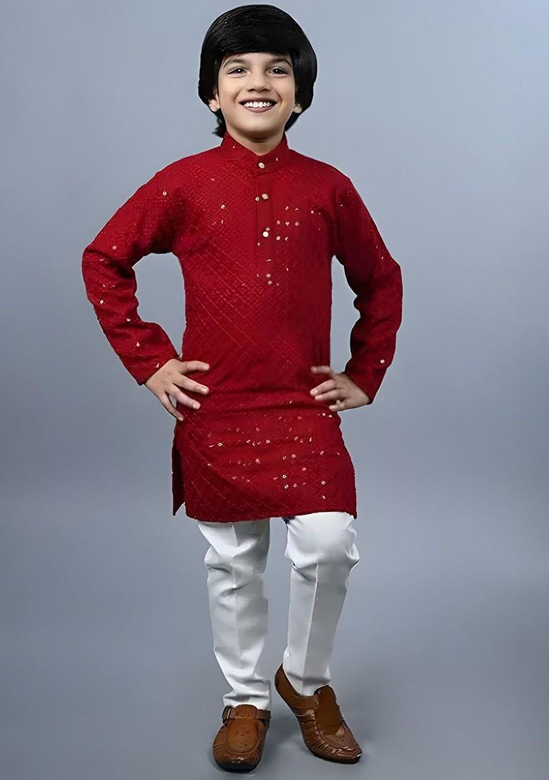 Maroon Embroidered Cotton Kurta Set For Boys - Indya