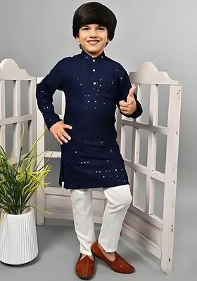 Navy Blue Embroidered Cotton Kurta Set For Boys