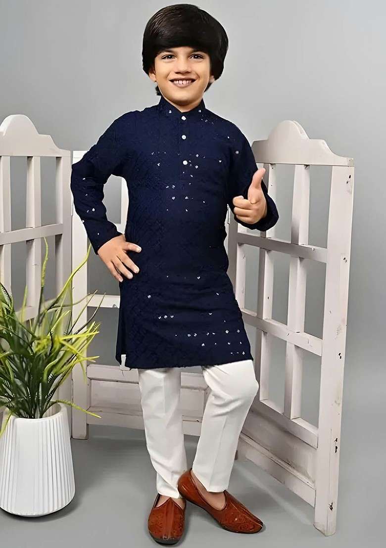 Navy Blue Embroidered Cotton Kurta Set For Boys - Indya