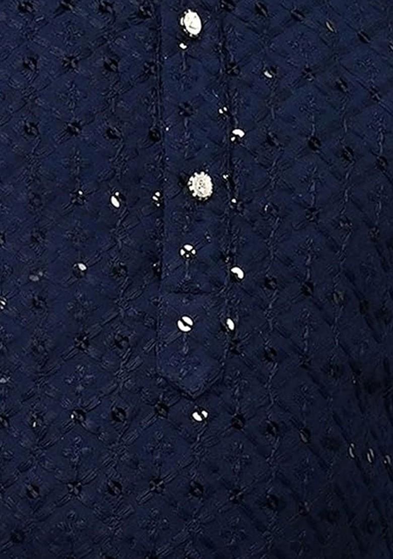 Navy Blue Embroidered Cotton Kurta Set For Boys - Indya