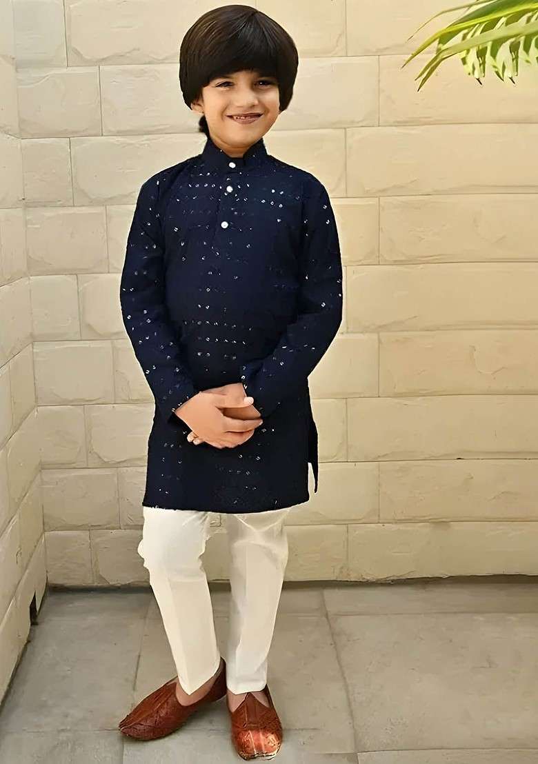 Navy Blue Embroidered Cotton Kurta Set For Boys - Indya