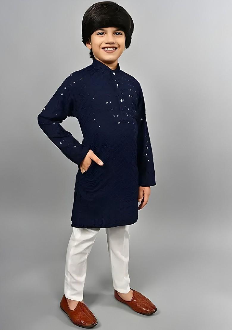 Navy Blue Embroidered Cotton Kurta Set For Boys - Indya