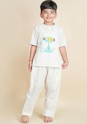 White Printed Cotton Kurta Set For Boys