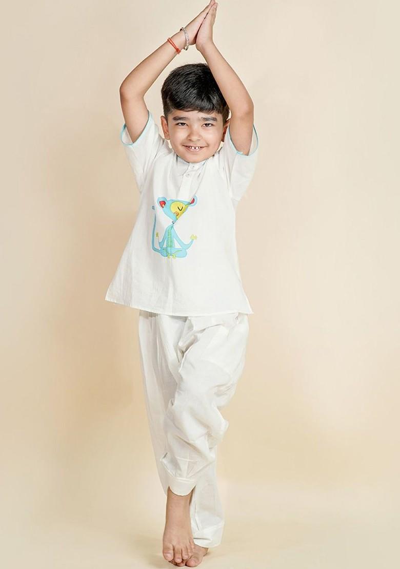 White Printed Cotton Kurta Set For Boys - Indya