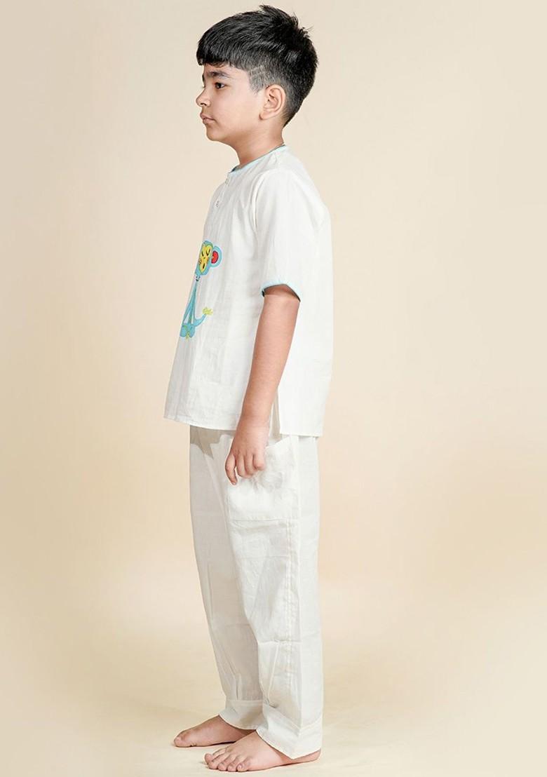 White Printed Cotton Kurta Set For Boys - Indya