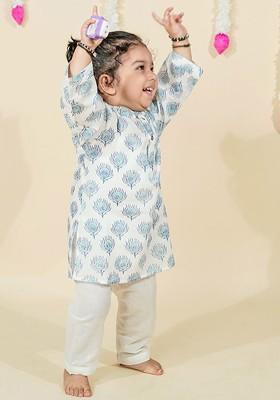 White Printed Cotton Kurta Set For Boys