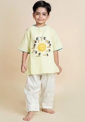 Green Printed Cotton Kurta Set For Boys