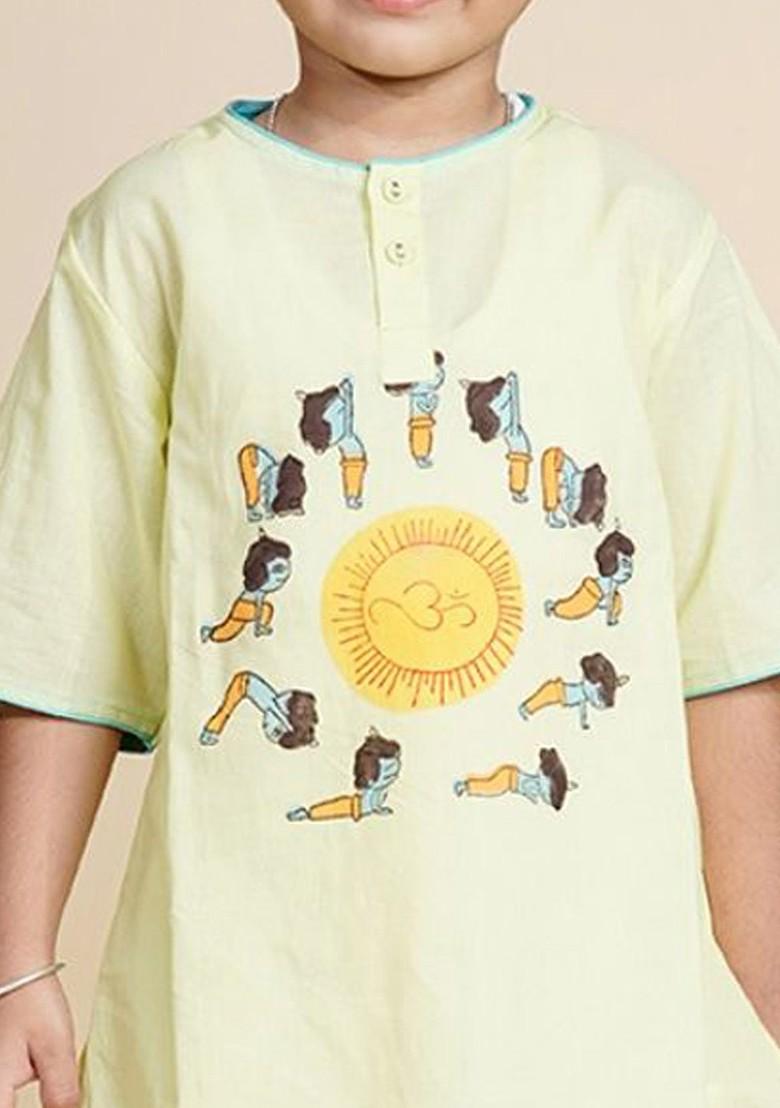 Green Printed Cotton Kurta Set For Boys - Indya