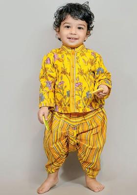 Yellow Printed Cotton Kurta Dhoti Set For Boys