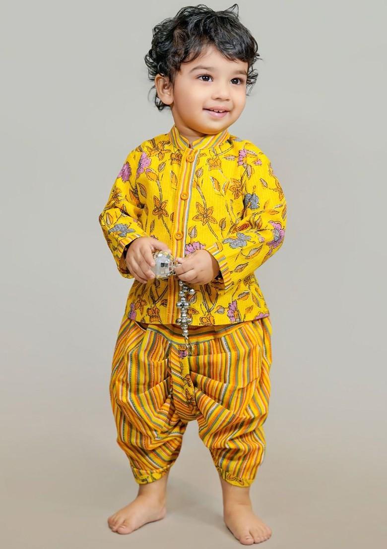Yellow Printed Cotton Kurta Dhoti Set For Boys - Indya