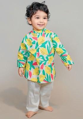 Green Printed Cotton Kurta Set For Boys