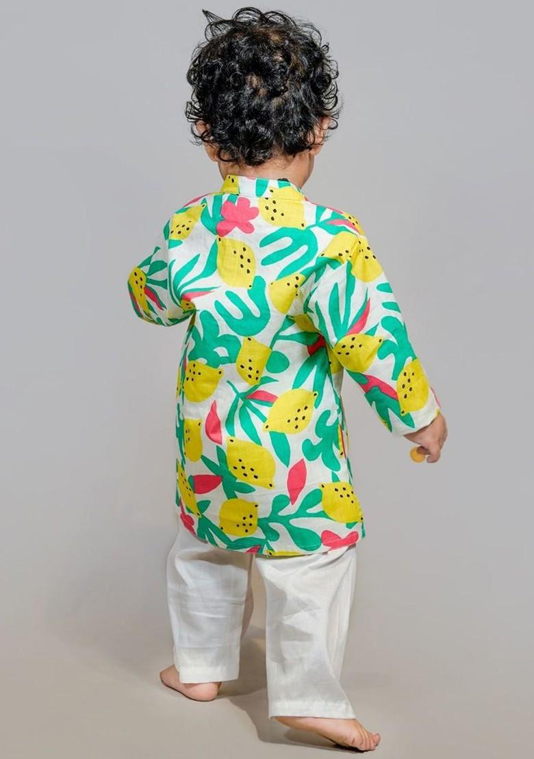 Green Printed Cotton Kurta Set For Boys - Indya