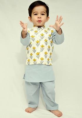 Grey Embroidered Cotton Kurta Set For Boys