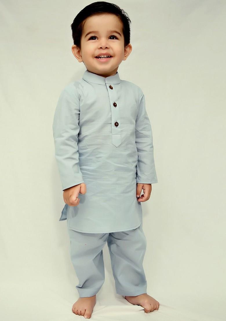 Grey Embroidered Cotton Kurta Set For Boys - Indya