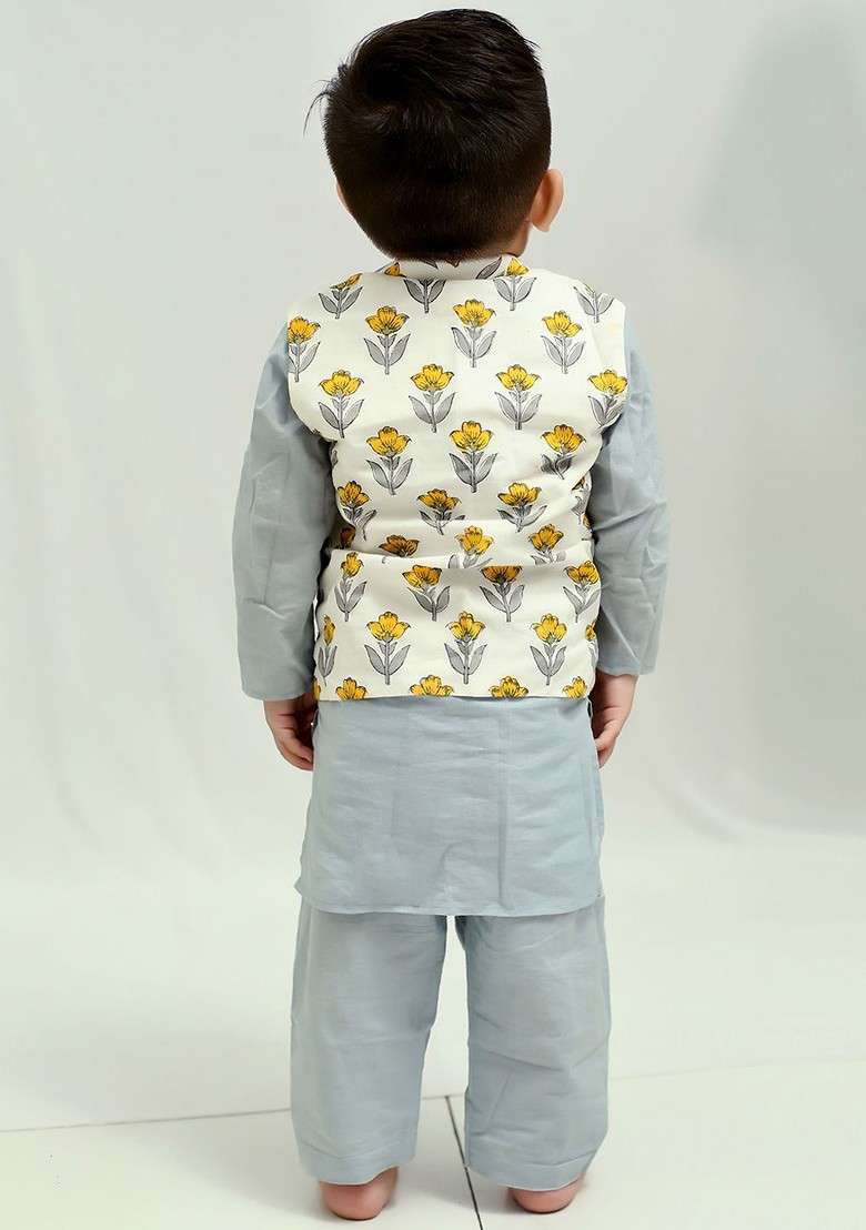 Grey Embroidered Cotton Kurta Set For Boys - Indya