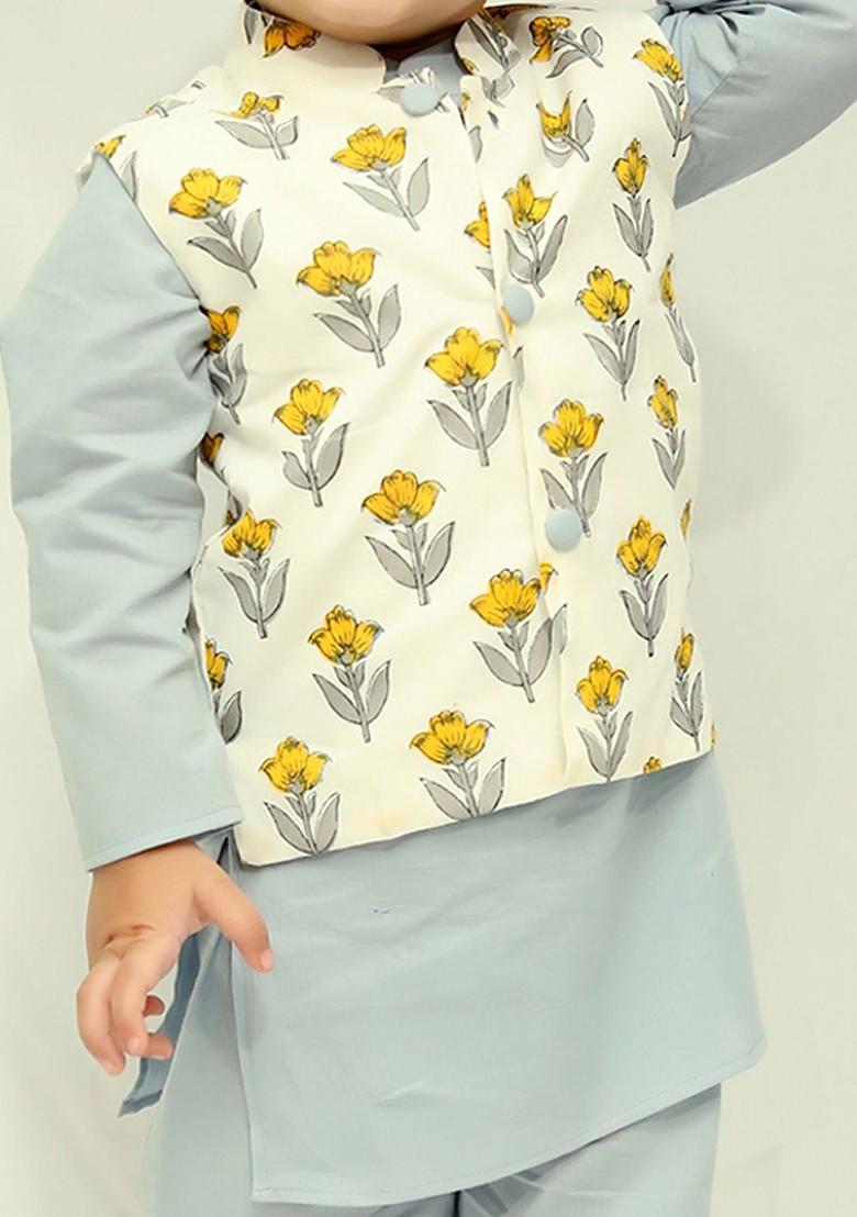 Grey Embroidered Cotton Kurta Set For Boys - Indya