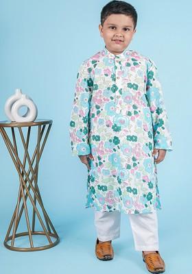 White Printed Cotton Kurta Set For Boys
