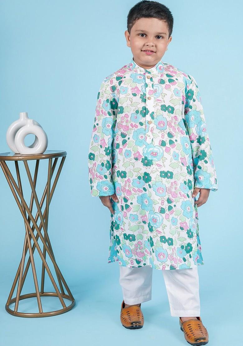 White Printed Cotton Kurta Set For Boys - Indya