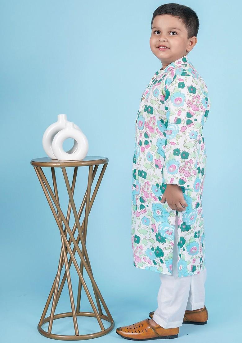 White Printed Cotton Kurta Set For Boys - Indya