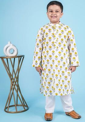 White Printed Cotton Kurta Set For Boys