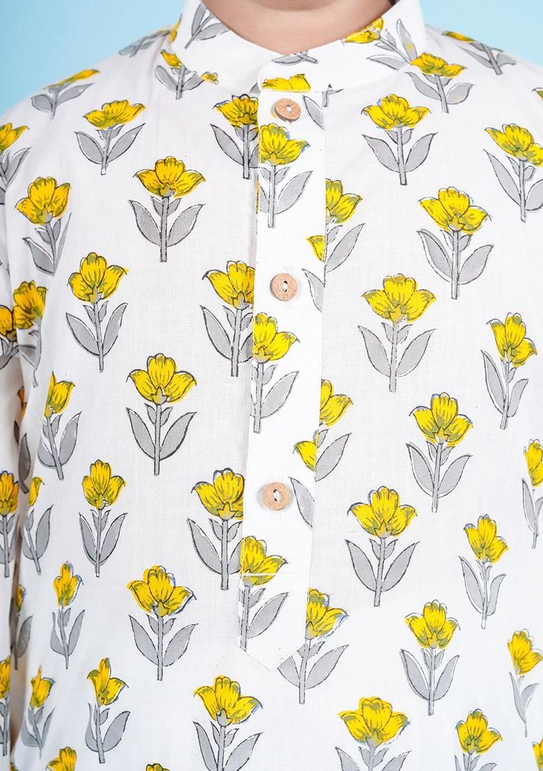 White Printed Cotton Kurta Set For Boys - Indya